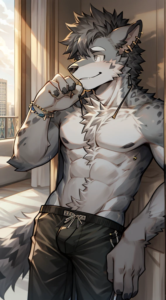 Hyena Boy,Gray fur,Topless, mammal, hairy,Gray Eyes,upscale hotel,Black swimming trunks quality,earrings,Middle
