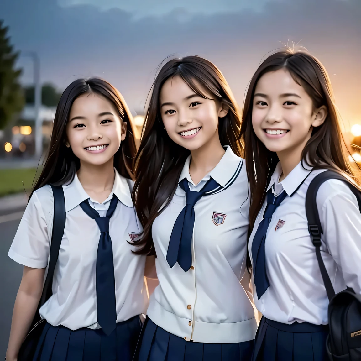 Three girls are leaving school at dusk. Their uniforms are crisp and neat, carrying school bags slung over their shoulders. The sun sets behind them, casting a warm, golden light on their faces. One girl has long, straight black hair, another has wavy chestnut curls, and the third has short bobbed red hair. They walk in sync, chattering animatedly, their laughter filling the air. The details of their features are exquisitely captured, each girl possessing unique and beautiful facial structures. The background is softly blurred, drawing focus to the trio of friends as they make their way home from school. (High resolution, detailed, school-themed, evening scene, girls)