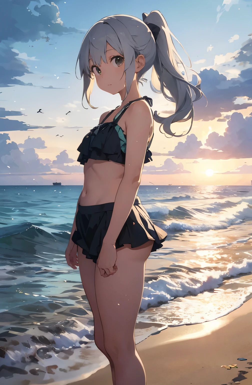 Silver-haired girl drawn in high resolution Japanese anime style、Standing alone on the white sand beach of a deserted island。She is wearing a gorgeous yellow bikini.、Her hair is in a ponytail that sparkles in the light.....。The sea in the background shines emerald green.....、The beach is littered with shells and pebbles.、time々、Small waves gently wash up on the shore。熱帯のwood々Swaying in the Wind、Mr.....々Among the branches々Birds are singing..。wood々Colorful flowers blooming in abundance、The entire island is filled with abundant nature.....。On the horizon of a distant sea、The setting sun casts a beautiful orange glow over the ocean.、It gives the whole place a mystical feel.....。、Wakame seaweed、Wakame seaweed、Wakame seaweed、Wakame seaweed、Wakame seaweed、Wakame seaweed、
