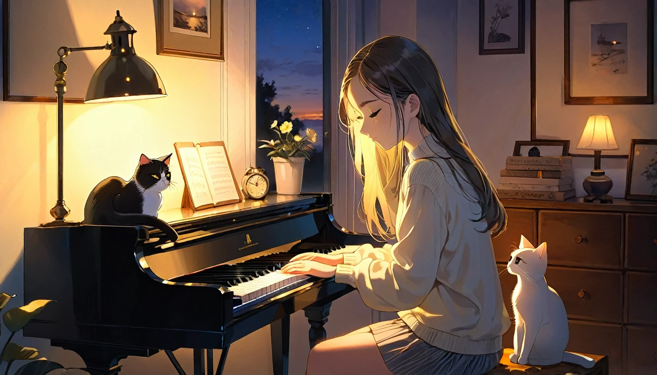 A dusk,
A girl sits in a cozy corner, draw a piano.
The soft yellow light of a desk lamp illuminates her thoughtful expression, revealing deep concentration and a calm posture.
Her gentle gaze is comforting.
It adds to the quiet evening atmosphere, creating a peaceful and tranquil look,with cat.
