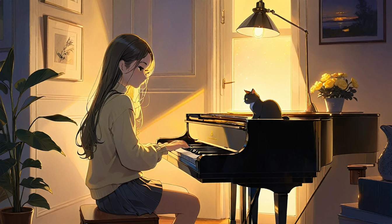 A dusk,
A girl sits in a cozy corner, draw a piano.
The soft yellow light of a desk lamp illuminates her thoughtful expression, revealing deep concentration and a calm posture.
Her gentle gaze is comforting.
It adds to the quiet evening atmosphere, creating a peaceful and tranquil look,with cat.
