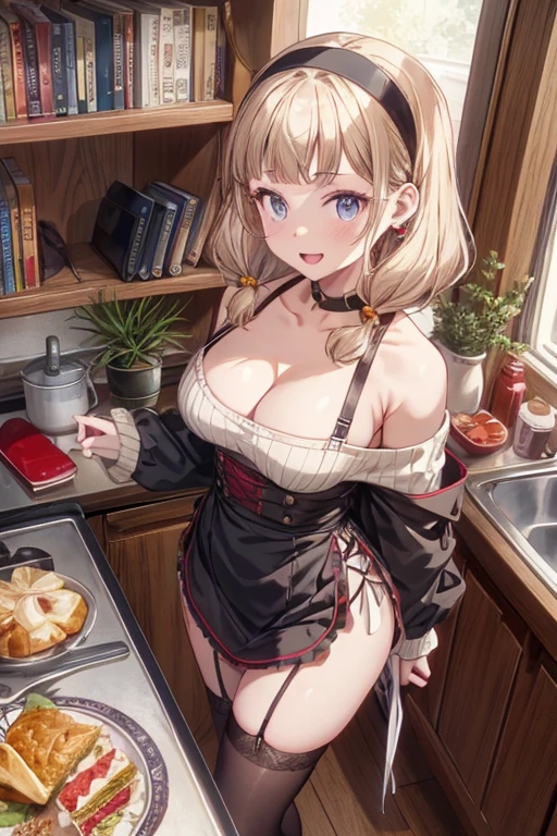 Adult Woman, masterpiece, 1girl, Amazing Cleavage:1.3, thin waist, big ass, Raised sexy, medium breast:1.3,posed cleavage:1.2,solo, open mouth, have a cup of coffee,black hair, red eyes, dress, bare shoulders, jewelry, collarbone, sidelocks, hairband, earrings, indoors, off shoulder, arms behind back, plant, short hair with long locks, black hairband, sweater dress, off-shoulder sweater, red sweater, big side hair, very long side hair,is rendered in (masterpiece: 1.2, best quality), with (ultra high resolution) and an exquisite (depth of field). This masterpiece is not only visually stunning but also tells, make of cooking some cakes ,in the kitchen,Long dark blonde wavy hair、her thin pubic hair, Puffy nipple、(short flared skirt)、garter stocking、Earring、Medium milk, cute smile face、(Pose to lean forward and emphasize the chest)、sexy hips、high-heels、atlibrary、((Close your arms to your chest and look up)),(with sparkling eyes and a contagious smile), looking at viewer,