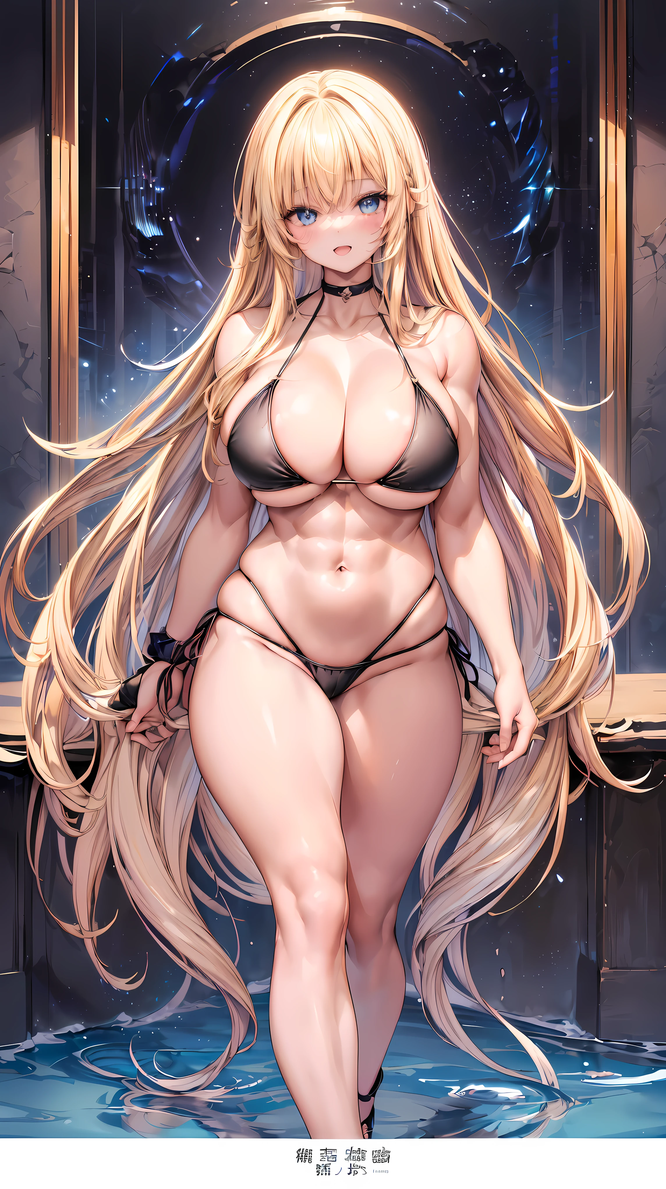Very detailed、highest quality、Best image quality、masterpiece、8k、Anime Face、A kind smile、(Open your mouth:1.3)、Sparkling blue eyes、(Blonde semi-long hair:1.5)、(Muscles of the whole body:1.3)、(High leg:1.8)、Thigh belt、(Black high-cut bikini:1.5)、(Upper body photo:1.5)、(SFW Giant)、(Thick body:1.2)
