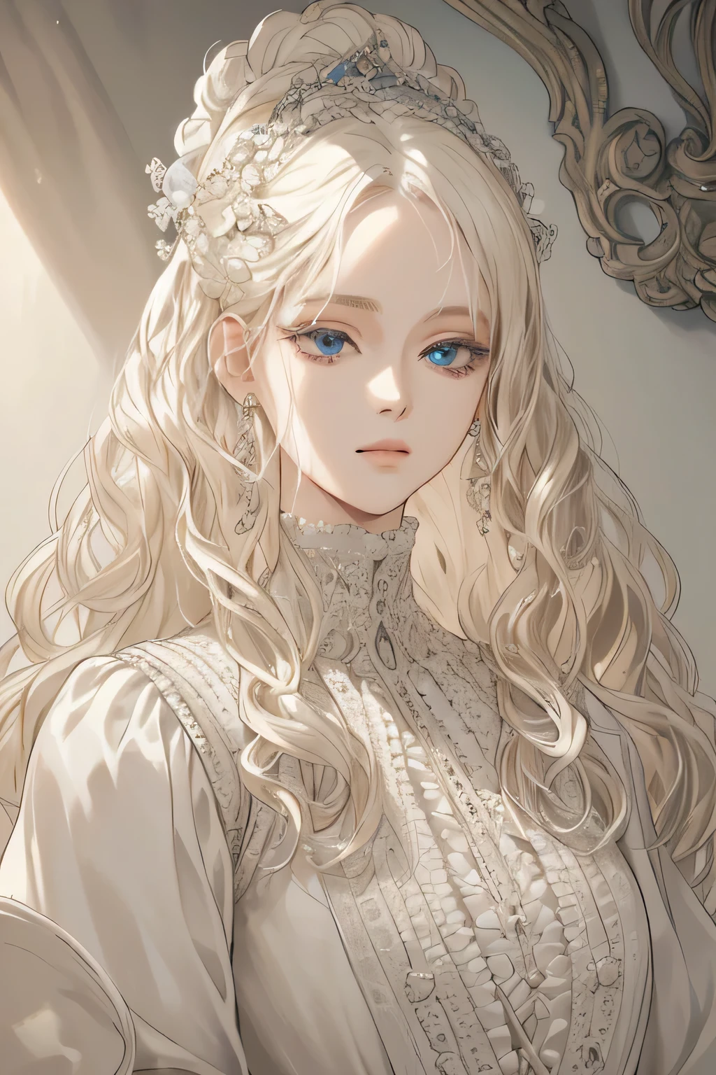 (extreamly delicate and beautiful:1.2), 8K,(masterpiece:1.0),(best_quality:1.0), 1 girl, and intricate detailing, Enlarged textures, and intricate detailing, finely eye and detailed face, and intricate detailing, shiraga, platinum blonde curls long hair, (closed mouths), Perfect eyes, Equal eyes, carolina eyes (A famale god) with white dress Yunani romawi