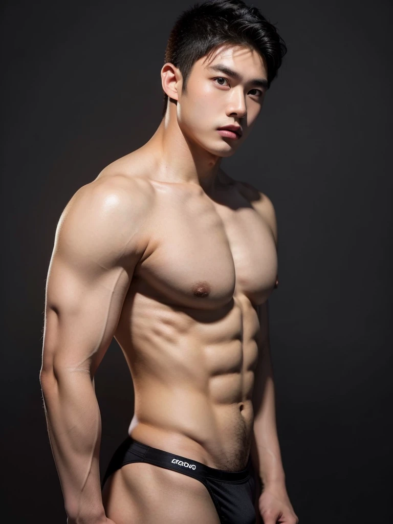 Masterpiece, Best Quality, Solo, Thai Model Men, big muscular, wide shoulder, big triceps, studio simple background, Natural eyes, Short and delicate black hair, Sexy Man, looking up at the viewer, shirtless, sexy bikini, huge bulge, Small plots, Standing, Muscular posture, pubes