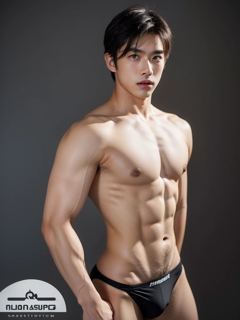 Masterpiece, Best Quality, Solo, Thai Model Men, big muscular, wide shoulder, big triceps, studio simple background, Natural eyes, Short and delicate black hair, Sexy Man, looking up at the viewer, shirtless, sexy bikini, huge bulge, Small plots, Standing, Muscular posture, pubes