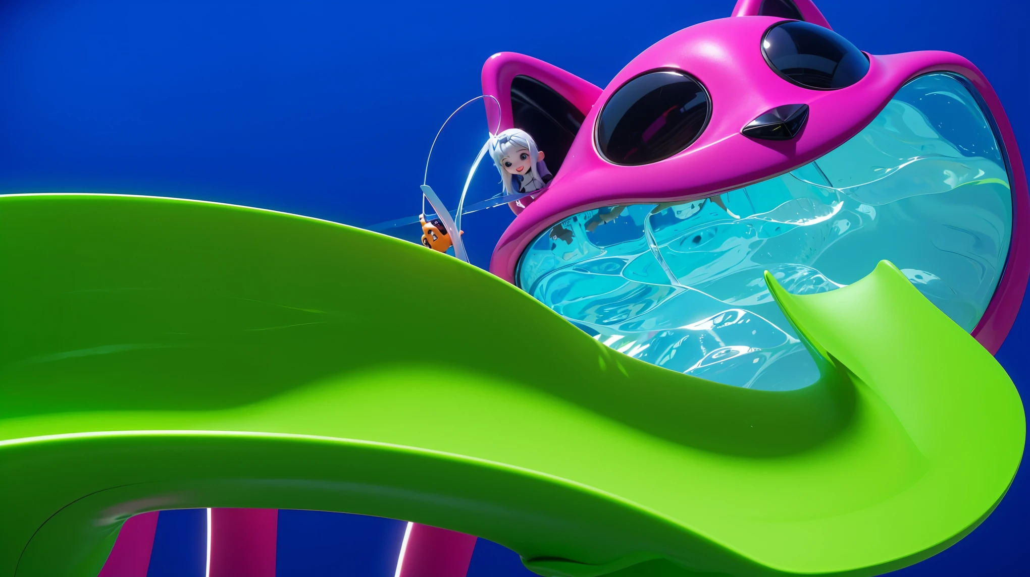 The image depicts three houses made of fish tails, sitting on the ocean floor. The left house is green, the middle one is purple, and the right one is orange. 3d underwater world algae sand. The image depicts a 3D rendered illustration of a boy and a girl with their hands shaped in the shape of a heart. They are both smiling and have red hair. The background is blue. cartoon characters stand next to each other, Electricsbunny, Holographic creatures, Beeple and Jeremiah Ketner, 🐋 as 🐘 as 🤖 as 👽 as 🐳, matte, Rabbids, cute 3D rendering, 3D icon for mobile game, robot rabbit, Shiny metallic, 3D персонажи violet cat toy, toy cat laying on glossy , glossy texture, smooth 3d model, multiple light sources, rim light, sharp post effects render, (glossy  big light probe refractions), perfect cgi, cgi art created only with gradients, smooth silhouette, high intensity refraction, (metalic), most beautiful vfx, blue background