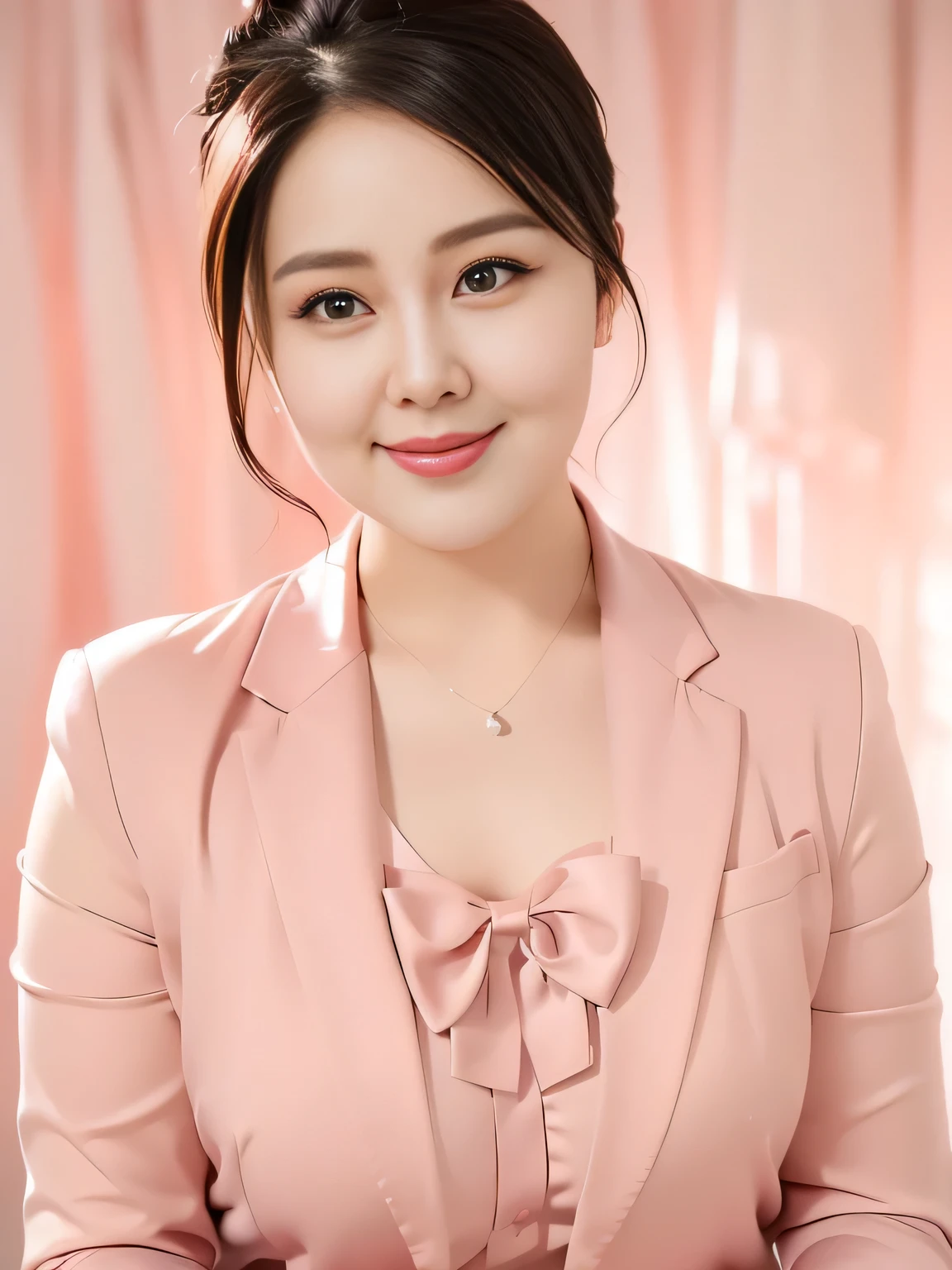 best quality,masterpiece,Ultra-high resolution,(lifelike:1.4),,34-year-old goddess,Chubby,Charming smile,Short hair tied up,The face is clear and delicate,(Close-up of face),((Half-length photo)),Wear a neat suit,Colorful bow tie,The background is a solid color,Soft pink background,masterpiece,Light