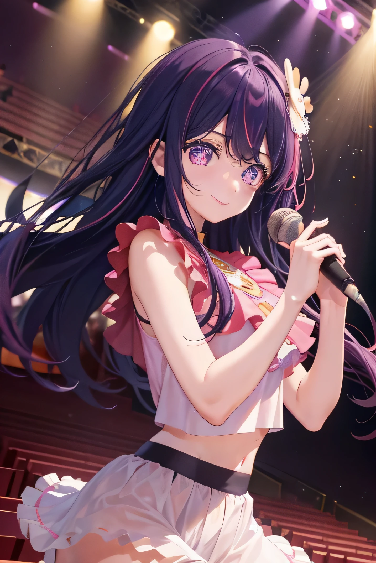(masterpiece), highest quality, Expressive eyes, Perfect Face, High resolution, (8k), (Perfect Face), (Super detailed), Hoshino Ai, Long Hair, Purple Hair, Striped Hair ,Purple eyes, Star-shaped pupils, hair ornaments, Frills, pink shirt, smile, No sleeve, shirt, Idol, illumination, Colorful, Concert atmosphere, Are standing, Portraiture, Stage Background, Pause, Looking at the audience, whole body、Panty shot、Bra flashing、