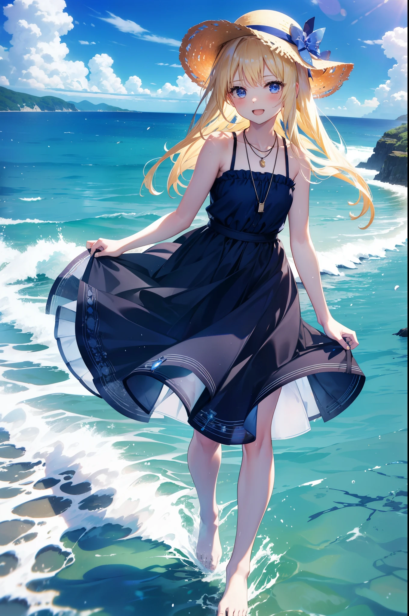 Arisburg, Alice Zuberg, bangs, blue eyes, Blonde, Hair between the eyes, Very long hair, hair band, white hair band,Sleeveless blue dress,Blue long skirt,Bare neck,Locket Necklace,barefoot,Straw hat,happy smile, smile, Open your mouth,Daytime,sunny,True Summer,whole bodyがイラストに入るように,Strolling on the sandy beach,
break outdoors ,Coastal Road,In town,crowd, people々々々,
break looking at viewer,whole body,
break (masterpiece:1.2), highest quality, High resolution, unity 8k wallpaper, (shape:0.8), (Beautiful and detailed:1.6), Highly detailed face, Perfect lighting, Extremely detailed CG, (Perfect hands, Perfect Anatomy),