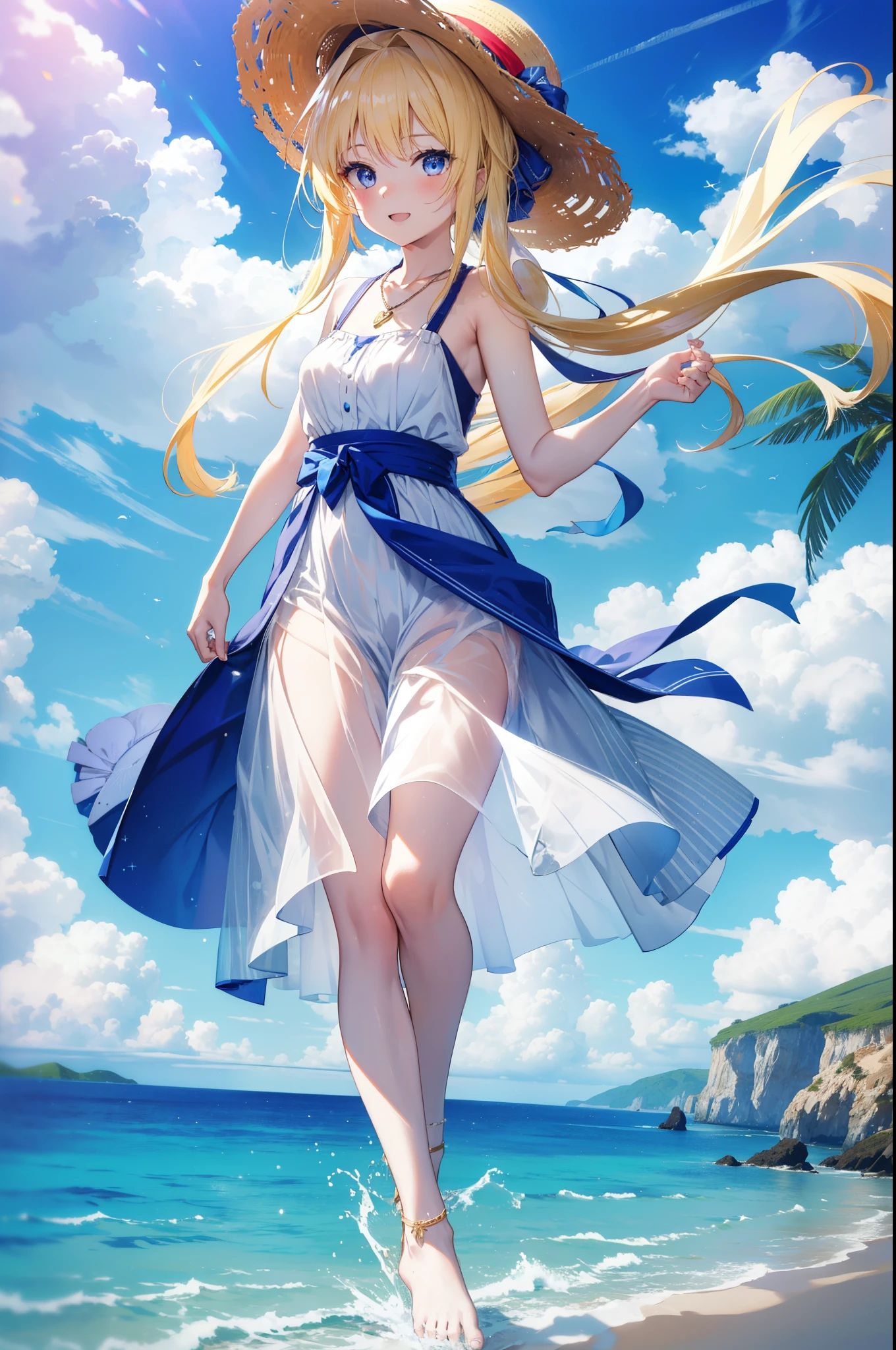 Arisburg, Alice Zuberg, bangs, blue eyes, Blonde, Hair between the eyes, Very long hair, hair band, white hair band,Sleeveless blue dress,Blue long skirt,Bare neck,Locket Necklace,barefoot,Straw hat,happy smile, smile, Open your mouth,Daytime,sunny,True Summer,whole bodyがイラストに入るように,Strolling on the sandy beach,
break outdoors ,Coastal Road,In town,crowd, people々々々,
break looking at viewer,whole body,
break (masterpiece:1.2), highest quality, High resolution, unity 8k wallpaper, (shape:0.8), (Beautiful and detailed:1.6), Highly detailed face, Perfect lighting, Extremely detailed CG, (Perfect hands, Perfect Anatomy),