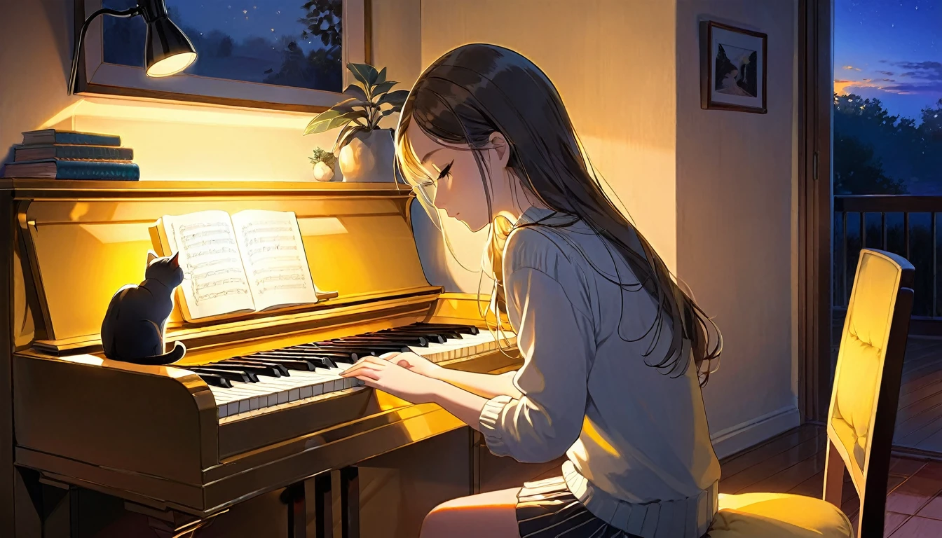 A dusk,
A girl sits in a cozy corner, draw a piano.
The soft yellow light of a desk lamp illuminates her thoughtful expression, revealing deep concentration and a calm posture.
Her gentle gaze is comforting.
It adds to the quiet evening atmosphere, creating a peaceful and tranquil look,with cat.