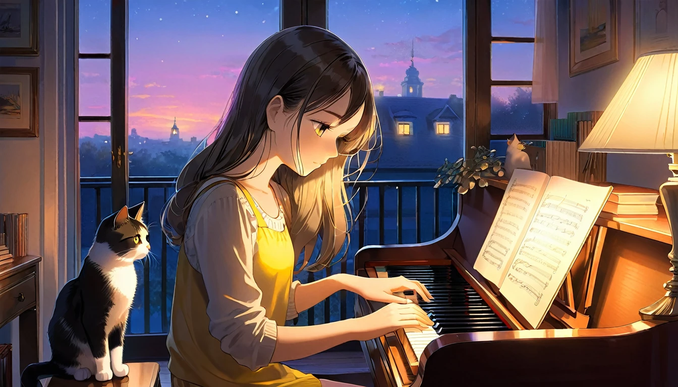 A dusk,
A girl sits in a cozy corner, draw a piano.
The soft yellow light of a desk lamp illuminates her thoughtful expression, revealing deep concentration and a calm posture.
Her gentle gaze is comforting.
It adds to the quiet evening atmosphere, creating a peaceful and tranquil look,with cat.
