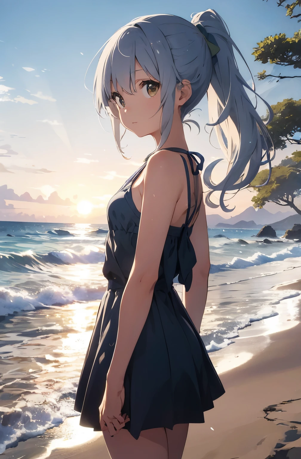 Silver-haired girl drawn in high resolution Japanese anime style、Standing alone on the white sand beach of a deserted island。She is wearing a gorgeous yellow bikini.、Her hair is in a ponytail that sparkles in the light.....。The sea in the background shines emerald green.....、The beach is littered with shells and pebbles.、time々、Small waves gently wash up on the shore。熱帯のwood々Swaying in the Wind、Mr.....々Among the branches々Birds are singing..。wood々Colorful flowers blooming in abundance、The entire island is filled with abundant nature.....。On the horizon of a distant sea、The setting sun casts a beautiful orange glow over the ocean.、It gives the whole place a mystical feel.....。、Wakame seaweed、Wakame seaweed、Wakame seaweed、Wakame seaweed、Wakame seaweed、Wakame seaweed、