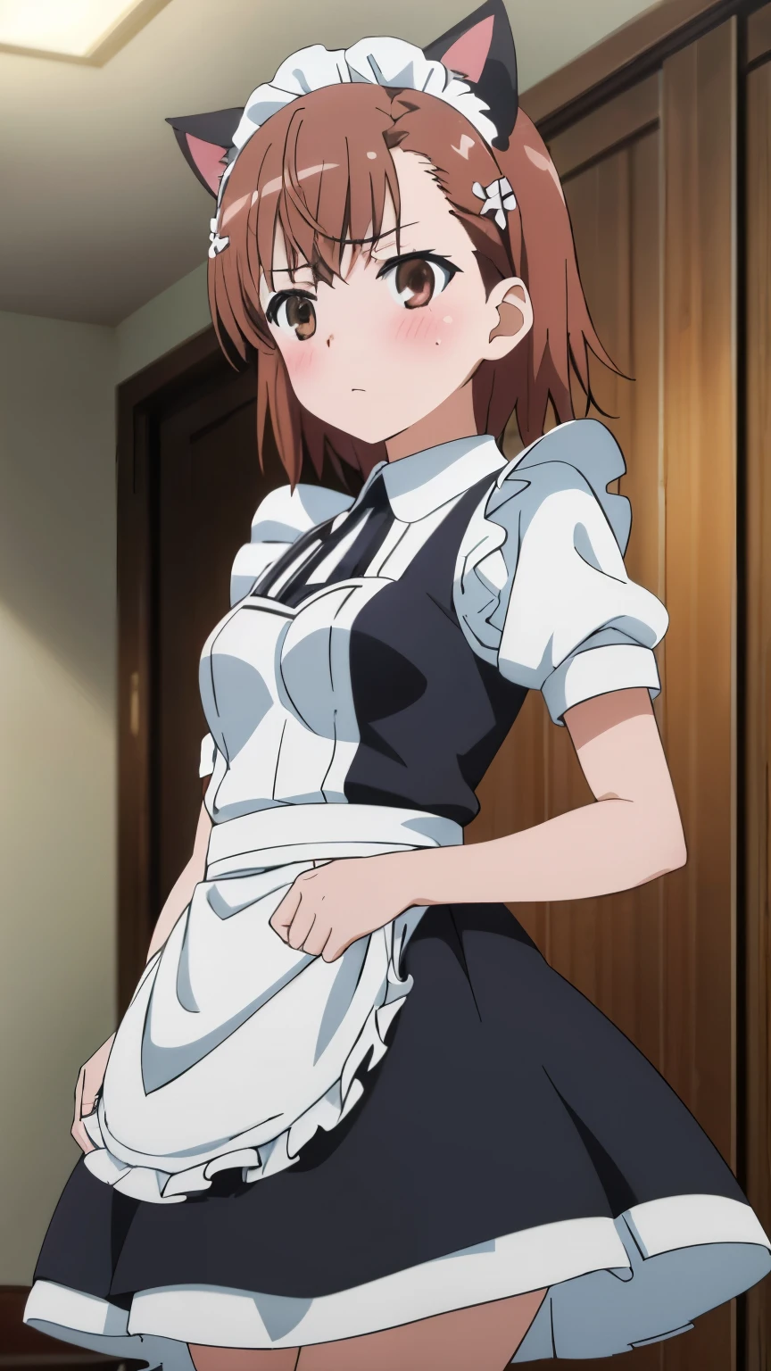 (highest quality, 8k, High resolution, masterpiece:1.2), Anime art style, colorful, Hyper Detail, misaka mikoto, Short Hair, 1 girl, Perfect Face, eye_Light_big, Small medium breasts, Soft look, alone, (Maid clothes,mini skirt,Cat ear,blush,maid Cafe), Dynamic Angle, Cowboy Shot, Watching the audience,