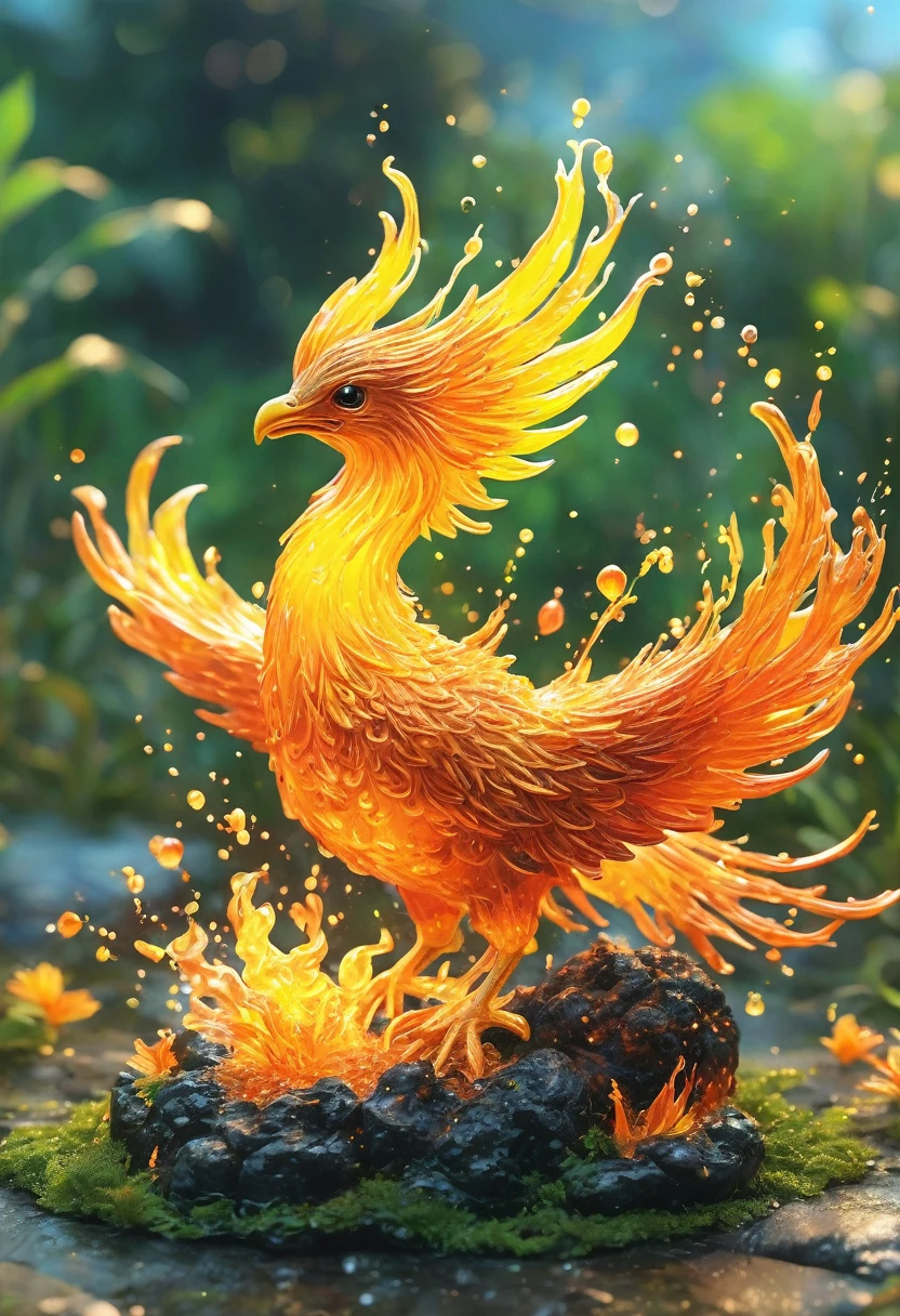 best quality, very good, 16K, ridiculous, Extremely detailed, Cute slime fire phoenix，Made of translucent boiling lava, Background grassland（（A masterpiece full of fantasy elements）））， （（best quality））， （（Intricate details））（8k）