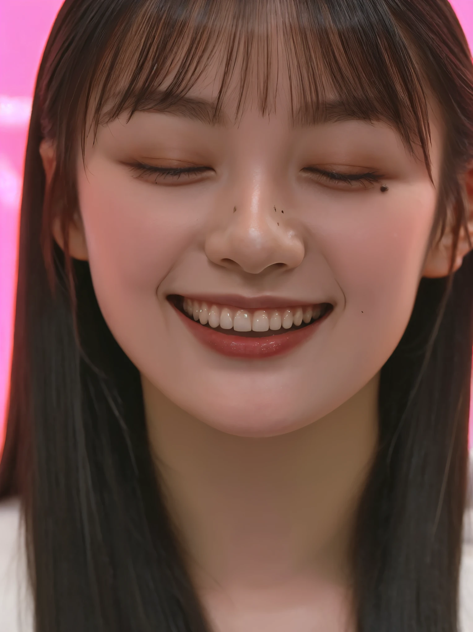 ((((face close up)))),Ultra-high resolution,Japanese,bangs,(a girl),(1 girl),((1 face)),((18-year-old)),(grin with mouth),(long straight hair),((cute)),pretty,eyes closed
