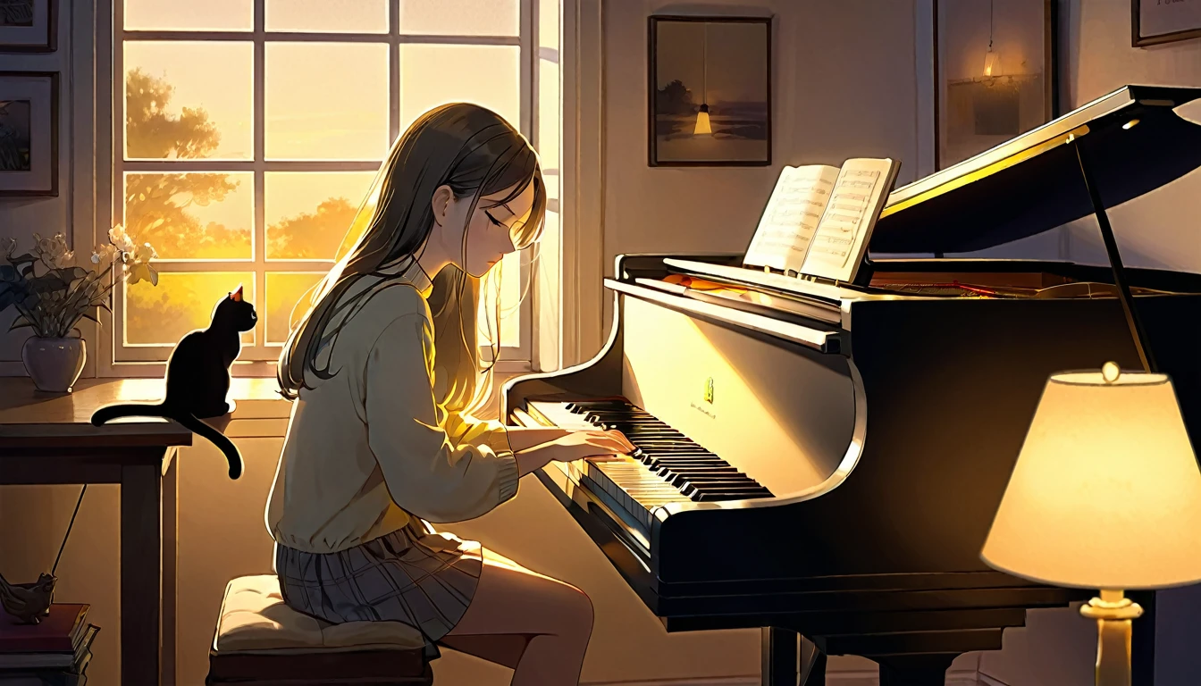 A dusk,
A girl sits in a cozy corner, draw a piano.
The soft yellow light of a desk lamp illuminates her thoughtful expression, revealing deep concentration and a calm posture.
Her gentle gaze is comforting.
It adds to the quiet evening atmosphere, creating a peaceful and tranquil look,with cat.
