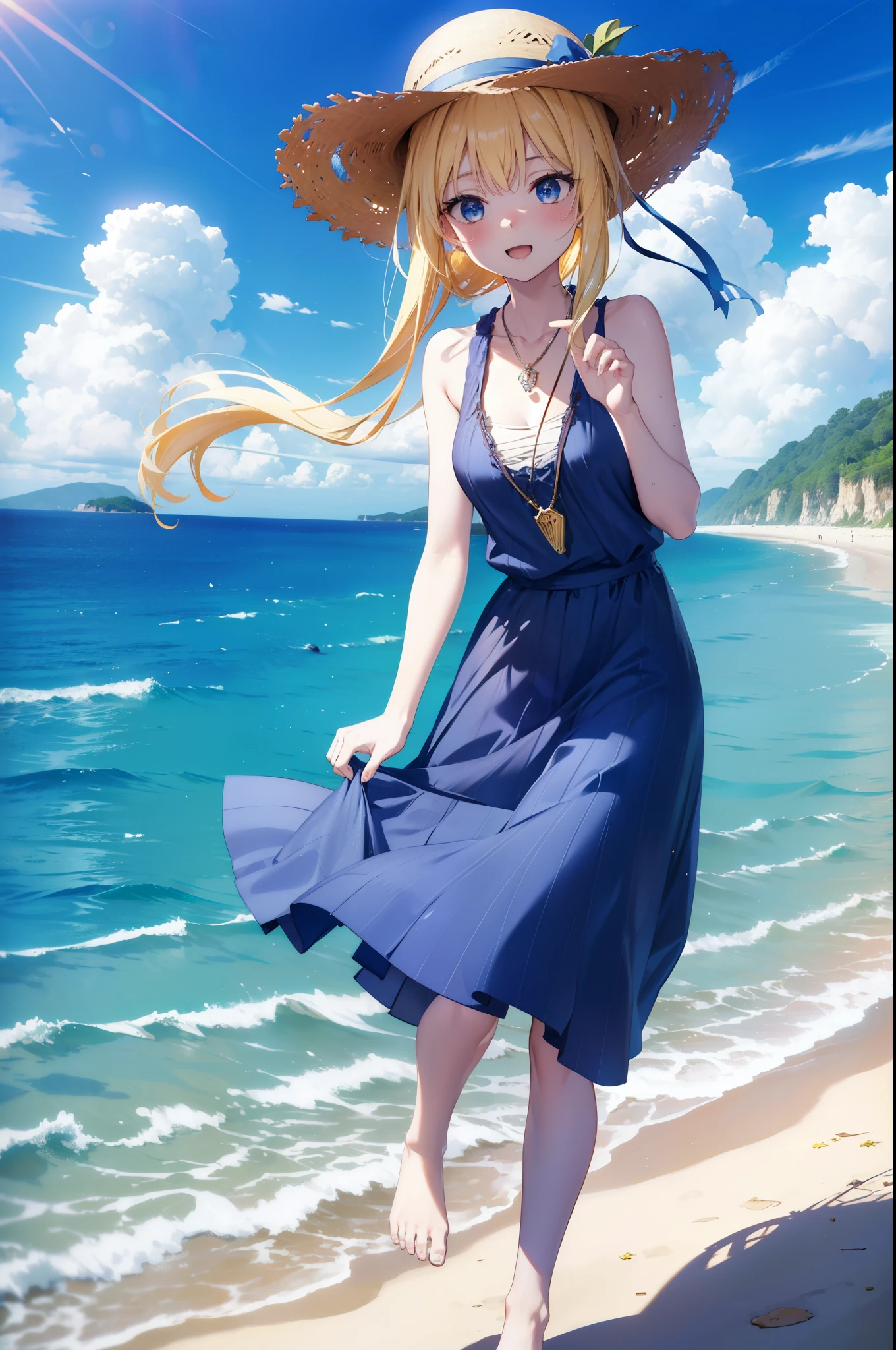 Arisburg, Alice Zuberg, bangs, blue eyes, Blonde, Hair between the eyes, Very long hair, hair band, white hair band,Sleeveless blue dress,Blue long skirt,Bare neck,Locket Necklace,barefoot,Straw hat,happy smile, smile, Open your mouth,Daytime,sunny,True Summer,whole bodyがイラストに入るように,Strolling on the sandy beach,
break outdoors ,Coastal Road,In town,crowd, people々々々,
break looking at viewer,whole body,
break (masterpiece:1.2), highest quality, High resolution, unity 8k wallpaper, (shape:0.8), (Beautiful and detailed:1.6), Highly detailed face, Perfect lighting, Extremely detailed CG, (Perfect hands, Perfect Anatomy),