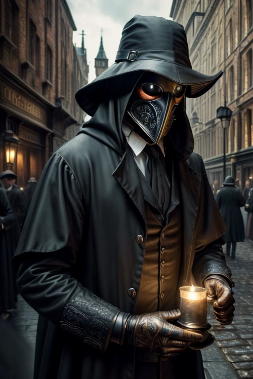 (best quality,4k,highres,masterpiece:1.2),ultra-detailed,(realistic,photorealistic,photo-realistic:1.37),intricate,victorian style,dark ambiance,HDR,plague doctor,old street of London,hyper detailed,better rendering of the plague doctor mask,