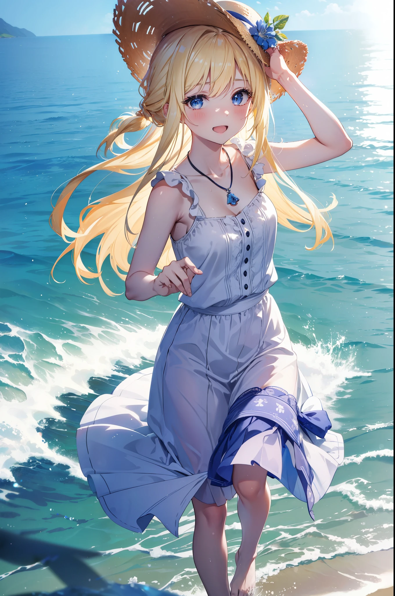 Arisburg, Alice Zuberg, bangs, blue eyes, Blonde, Hair between the eyes, Very long hair, hair band, white hair band,Sleeveless blue dress,Blue long skirt,Bare neck,Locket Necklace,barefoot,Straw hat,happy smile, smile, Open your mouth,Daytime,sunny,True Summer,whole bodyがイラストに入るように,Strolling on the sandy beach,
break outdoors ,Coastal Road,In town,crowd, people々々々,
break looking at viewer,whole body,
break (masterpiece:1.2), highest quality, High resolution, unity 8k wallpaper, (shape:0.8), (Beautiful and detailed:1.6), Highly detailed face, Perfect lighting, Extremely detailed CG, (Perfect hands, Perfect Anatomy),