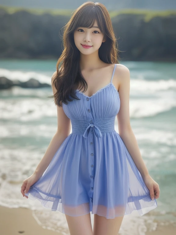 Photo-realistic quality、A Japanese woman standing on the beach wearing a pale gray-blue sheer dress, 、The skirt is transparent due to the backlight、realistic Young Gravure Idol, Young and cute gravure idol, Young Sensual Gravure Idol, Young and skinny gravure idol, Japanese Model, Young Gravure Idol, Girl cute beautiful face, Cute seductive smile, A sophisticated gravure idol, Beautiful Japanese girl face、looking at the camera、Detailed and beautiful eyes、A soft and gentle look