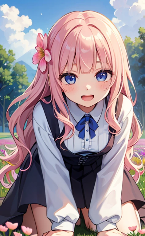 (masterpiece:1.4、top-quality、illustration:,realistic、)、(character focus、,upper body:1.3)、(1girl),(Open mouth happy smile:1.3),(),cute face,blue eyes、(tareme:1.3)、
,(leaning forward、kneeling:1.4),(pink blonde　hair),(very long hair:1.3)、
,(Flower Field、Flower storm:1.3),（loose dress:1.3),
(blunt bangs),(volumey,sidelocks,wavy hair:1.3), (small breasts:1.3)、
、slender、