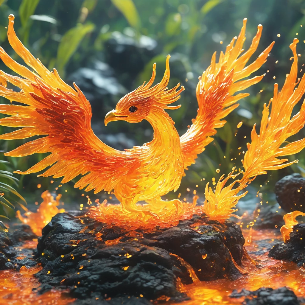 best quality, very good, 16K, ridiculous, Extremely detailed, Cute slime fire phoenix，Made of translucent boiling lava, Background grassland（（A masterpiece full of fantasy elements）））， （（best quality））， （（Intricate details））（8k）