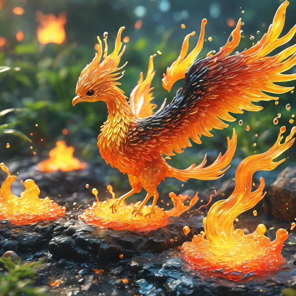 best quality, very good, 16K, ridiculous, Extremely detailed, Cute slime fire phoenix，Made of translucent boiling lava, Background grassland（（A masterpiece full of fantasy elements）））， （（best quality））， （（Intricate details））（8k）