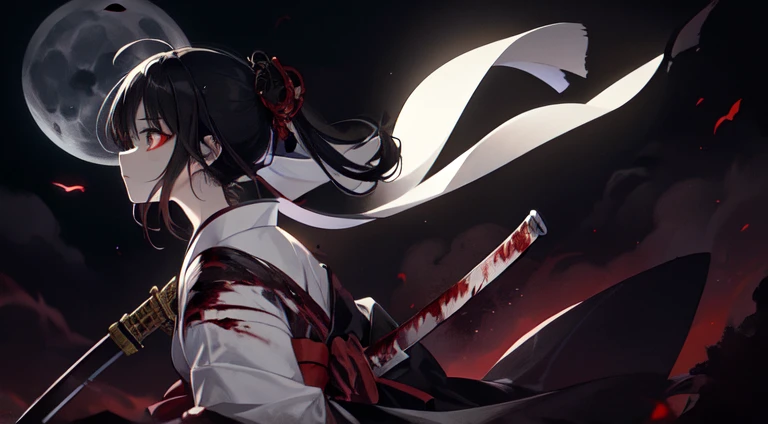 Black Hair Girl、Red eyes、Very delicate and beautiful eyes、Holding the sword with both hands、Girl with blood on her face, Dark fantasy, Horror、Very detailed, White kimono、Perfect hands, Perfect Anatomy,Rear View,（Samurai sword：1.5） ）、moonlight、night、Moonlight from above：1.5