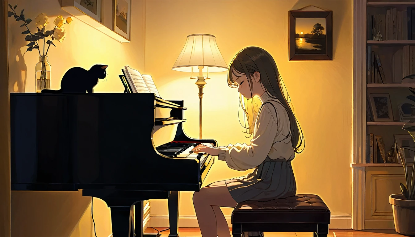 A dusk,
A girl sits in a cozy corner, draw a piano.
The soft yellow light of a desk lamp illuminates her thoughtful expression, revealing deep concentration and a calm posture.
Her gentle gaze is comforting.
It adds to the quiet evening atmosphere, creating a peaceful and tranquil look,with cat.