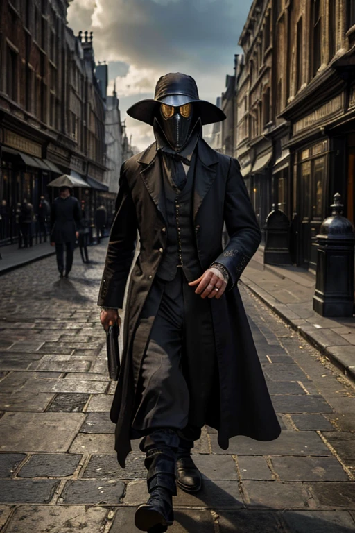 (best quality,4k,highres,masterpiece:1.2),ultra-detailed,(realistic,photorealistic,photo-realistic:1.37),intricate,victorian style,dark ambiance,HDR,plague doctor,old street of London,hyper detailed,better rendering of the plague doctor mask,