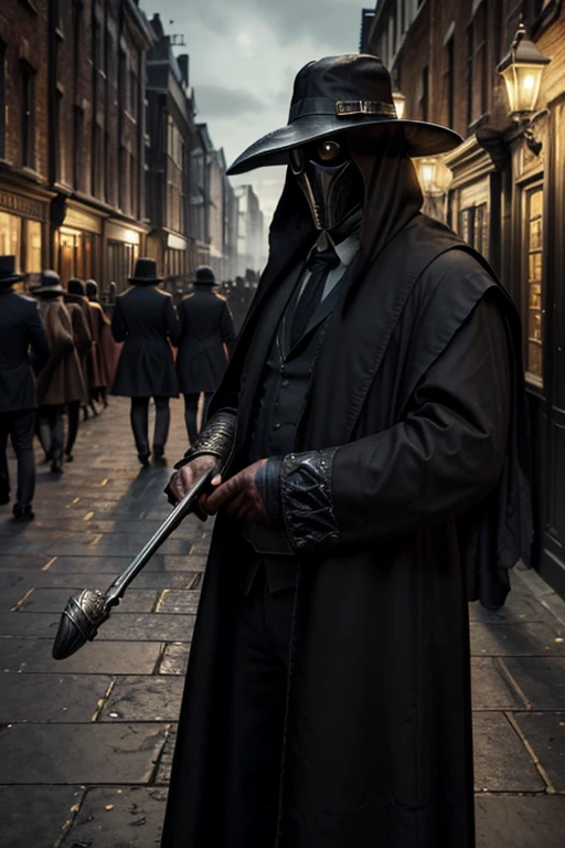 (best quality,4k,highres,masterpiece:1.2),ultra-detailed,(realistic,photorealistic,photo-realistic:1.37),intricate,victorian style,dark ambiance,HDR,plague doctor,old street of London,hyper detailed,better rendering of the plague doctor mask,