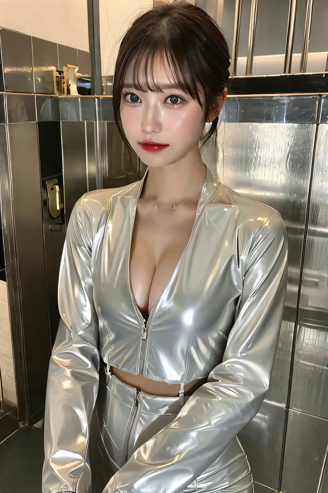 (highest quality, 8k, masterpiece: 1.3)), One girl, The beauty of slim abs, Very beautiful face, Delicate eyes, double eyelid, Latex suit, Big Breasts, Queen, Bondage, Oiled clothes, Shiny skin, Glowing Face, Covered in a rubber suit, Sexy rubber suit, Oily skin, Oily gloss, perfect body, Cool Beauty, Ultra-realistic, Realistic, sexy, Horikita Maki, Japanese, Beauty, Well-formed face, Glossy face, Shiny Costumes, Hyperrealistic, Looking down from above, My chest was exposed, Tight fit, wearing tight suits, I can see her cleavage