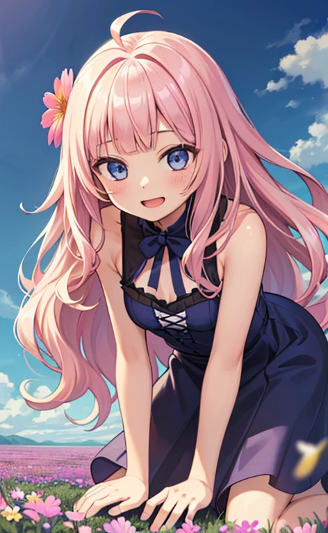 (masterpiece:1.4、top-quality、illustration:,realistic、)、(character focus、,upper body:1.3)、(1girl),(Open mouth happy smile:1.3),(),cute face,blue eyes、(tareme:1.3)、
,(leaning forward、kneeling:1.4),(pink blonde hair),(very long hair:1.3)、
,(Flower Field、Flower storm:1.3),(loose dress:1.3),
(blunt bangs),(volumey,sidelocks,wavy hair:1.3), (small breasts:1.3)、
、slender、
