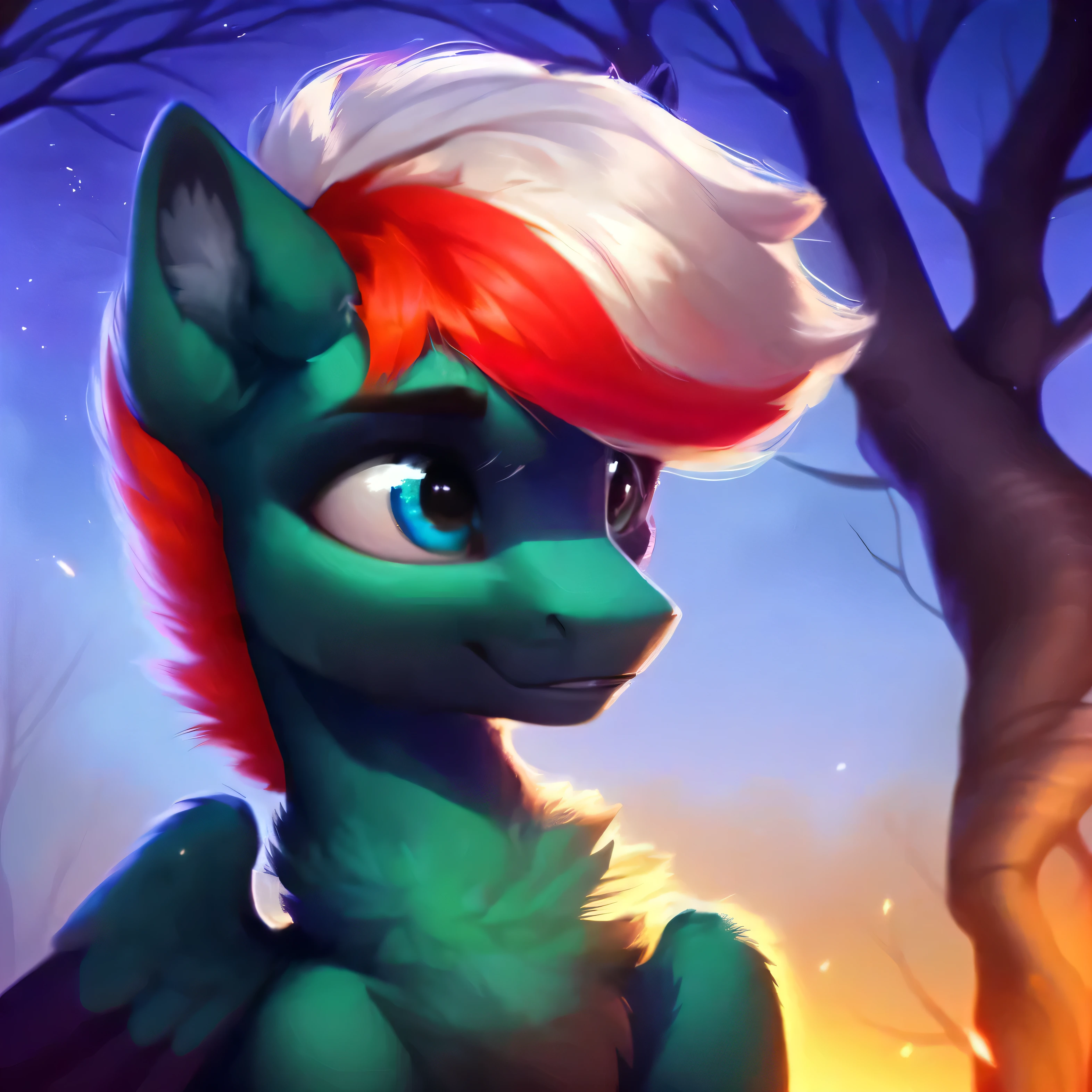 rating_safe, score_9, cute light green stallion with white mane and blue eyes, fluffy, pegasus pony, night, tree, portrait