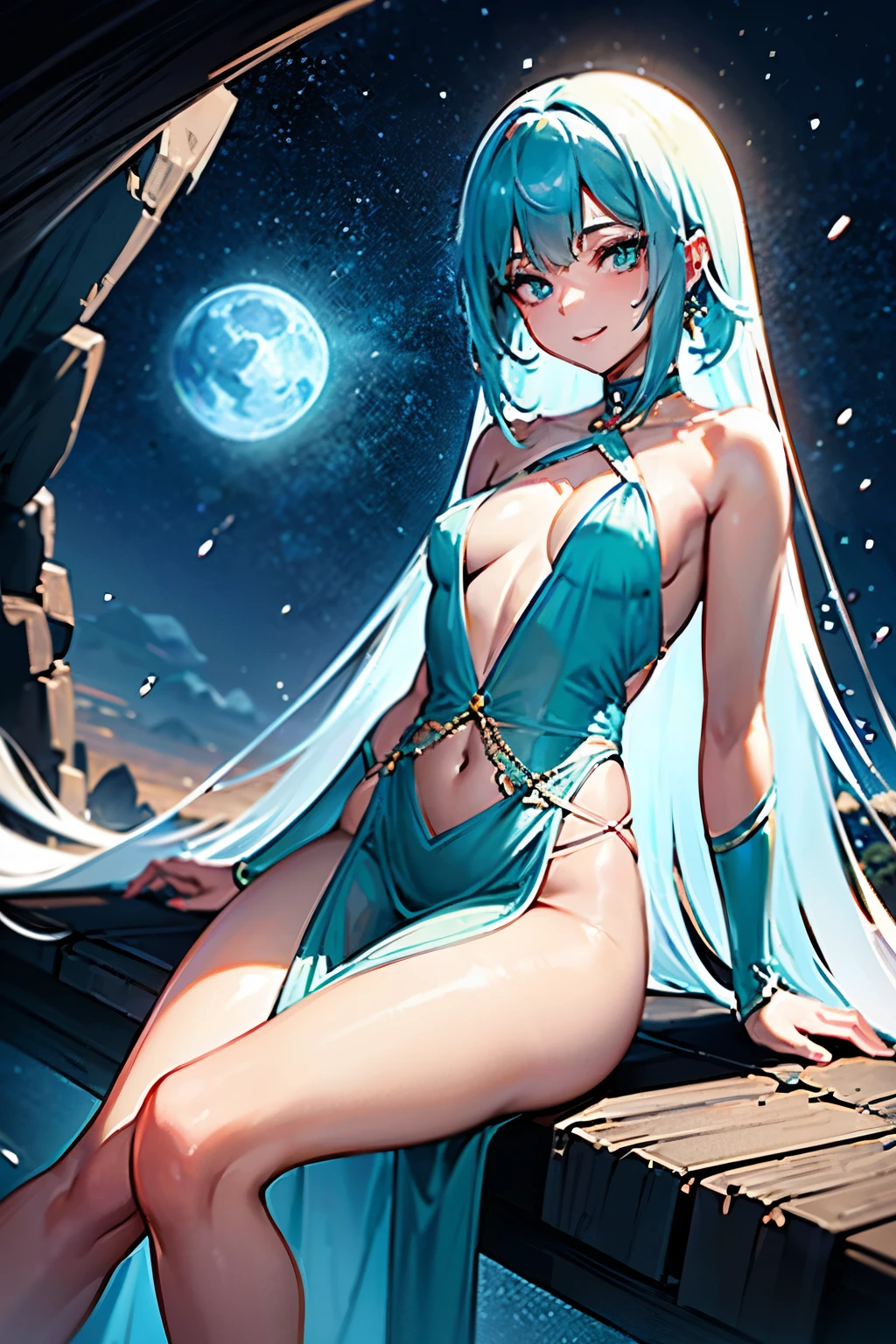 Entendi, let's adjust the description a little:
Aqua is an impressive figure, com longos cabelos azuis claros que caem em cascata sobre seus ombros. Seus olhos, da mesma tonalidade, brilham com uma intensidade hipnotizante. Sua pele tem um brilho suave, as if bathed in moonlight over the waters.
Ela veste uma roupa deslumbrante, ousada e provocativa. Your costume is made up of silky, translucent fabrics that wrap around your body in a sensual way.. Strategic cuts reveal your skin in a suggestive way, enquanto detalhes em prata e cristais refletem a luz de maneira sedutora.
Em seu rosto, there is a mysterious and captivating smile, combined with a penetrating gaze that promises adventure and excitement. She exudes an aura of confidence and power, attracting all eyes around you with your magnetic and irresistible presence.