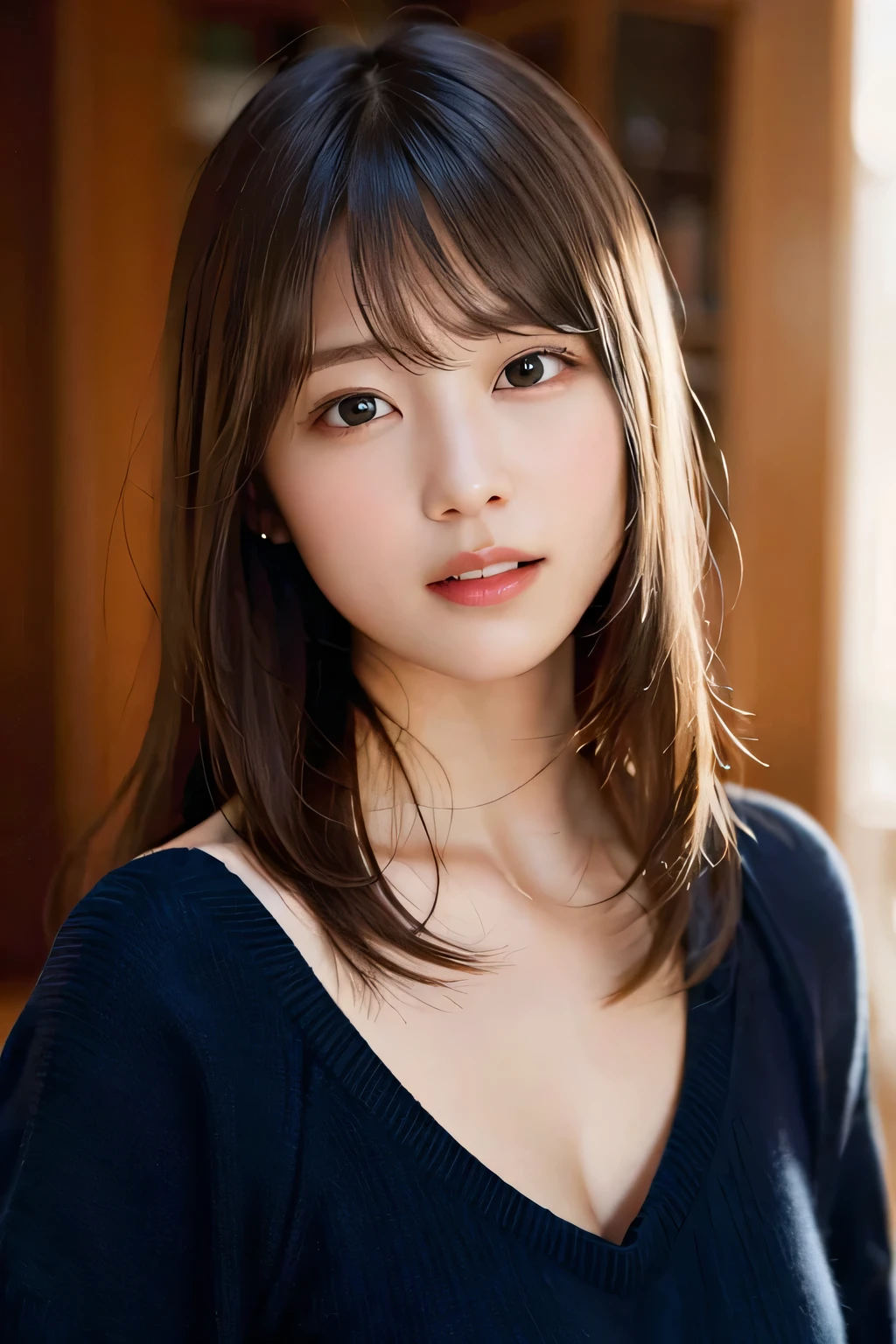 (8k、Raw photo、highest quality、masterpiece:1.2)、(Realistic、Photorealistic:1.37)、Ultra-detailed、超A high resolution、1 girl、Seeing the viewer、Beautifully detailed face、Shy laugh、narrow、(Narrow waist) :1.3)、knit、Beautifully detailed skin、Skin Texture、Floated hair、Professional Lighting、No sleeve、Looking up、Big Money Open Mouth