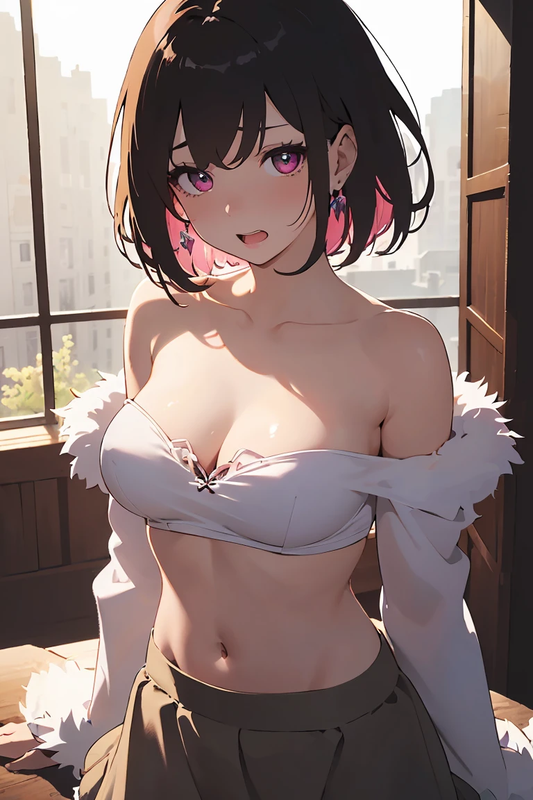 masterpiece, absurdres, best quality, ultra detailed, high Resolution, detailed illustration, bright colour, (extremely beautiful detailed face and eyes, Delicate beautiful face, 1 girl, cute face:1.3), (magenta eyes:1.1), sparkling eyes, big eyes, medium breasts, (perky breasts:1.1), (pointy breasts:1.1), medium hips, glamorous body, white skin, BREAK, long bob cut, (blonde hair:0.8), messy hair, detailed hair, shiny hair, BREAK (sleeve less tube top, fluffy skirt, down blouse:1.5), perfect lighting, (embarrassed:1.5), (ecstasy, vulgarity:1.5), (trembling:0.8),