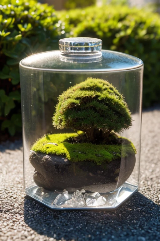 Micro Landscape,Open transparent container,moss,Stone,House model,Shimmer,Clean background,Macro Photography,8k resolution,Picture ratio 5:3