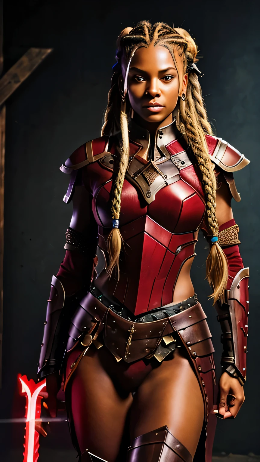 dark-skinned woman, with long blonde dreadlocked hair, ponytail, light brown pupils, Viking, red touches on her armor. Wild touches, she holds a pair of blades in her hands. Red armor.