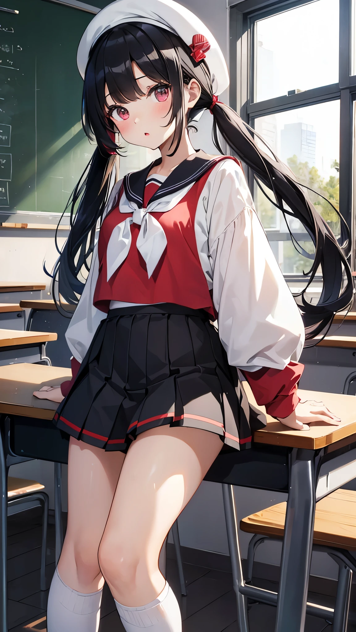 masterpiece、Best image quality、Ultra-high resolution、Big Teen 、Twin tail hairstyle、Black Hair、Red face、mock、Open your mouth just a little、Short-sleeved sailor 、 For teenage girls、Knee high socks For teenage girls、White beret for teenagers 、In the classroom