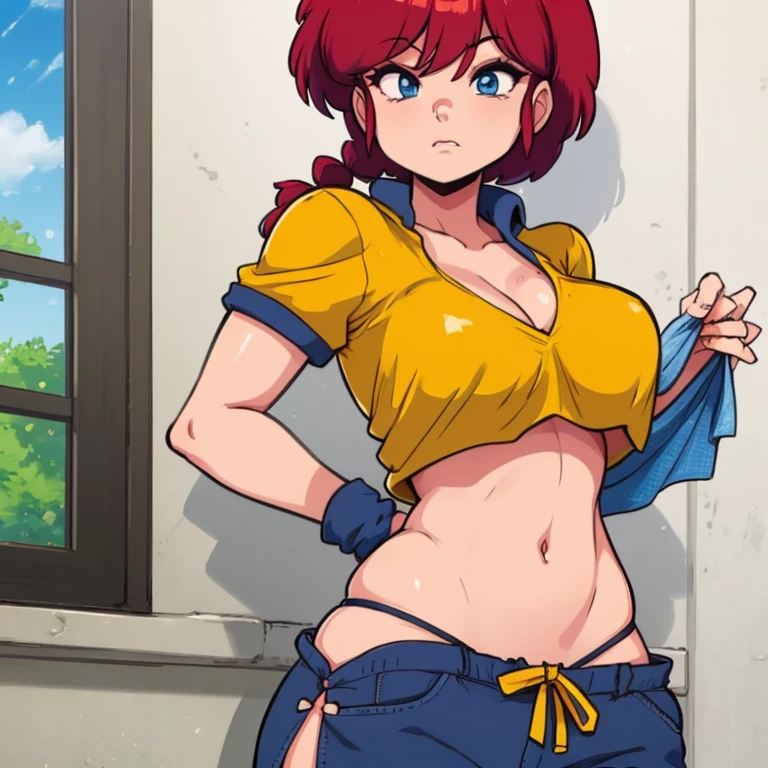 Ranmachan, cabello rojo, Cabello con trenza, ojos azules, ojos detallados, cuerpo completo, Crop Top Overhang