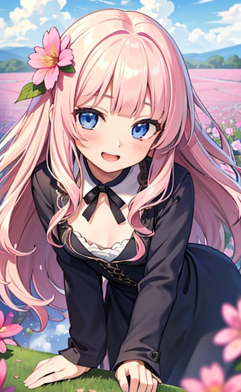 (masterpiece:1.4、top-quality、illustration:,realistic、)、(character focus、,upper body:1.3)、(1girl),(Open mouth happy smile:1.3),(),cute face,blue eyes、(tareme:1.3)、
,(leaning forward、sitt:1.4),(pink blonde hair),(very long hair:1.3)、
,(Flower Field、Flower storm:1.3),(loose dress:1.3),
(blunt bangs),(volumey,sidelocks,wavy hair:1.3), (small breasts:1.3)、
、slender、