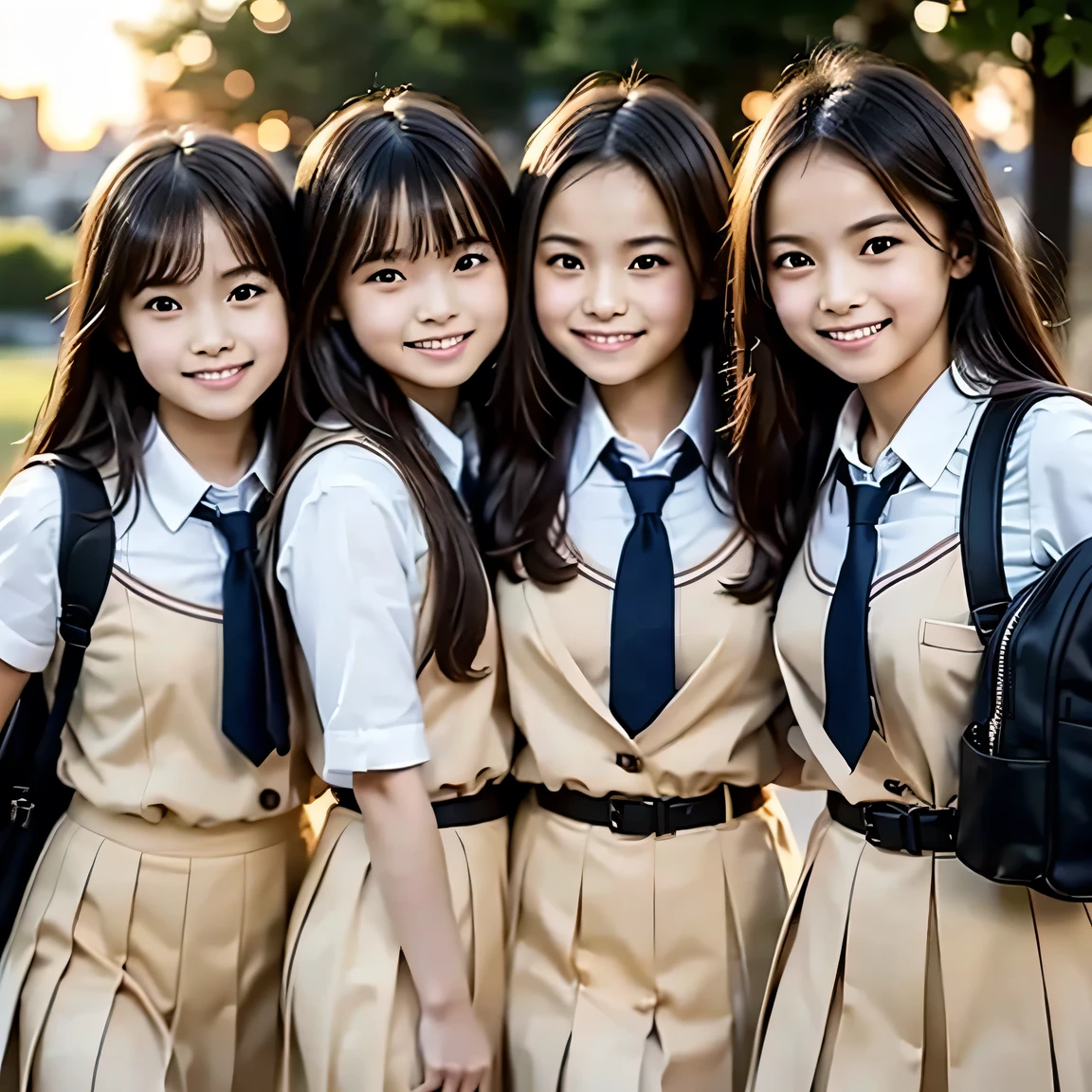 Three girls are leaving school at dusk. Their uniforms are crisp and neat, carrying school bags slung over their shoulders. The sun sets behind them, casting a warm, golden light on their faces. One girl has long, straight black hair, another has wavy chestnut curls, and the third has short bobbed red hair. They walk in sync, chattering animatedly, their laughter filling the air. The details of their features are exquisitely captured, each girl possessing unique and beautiful facial structures. The background is softly blurred, drawing focus to the trio of friends as they make their way home from school. (High resolution, detailed, school-themed, evening scene, girls)