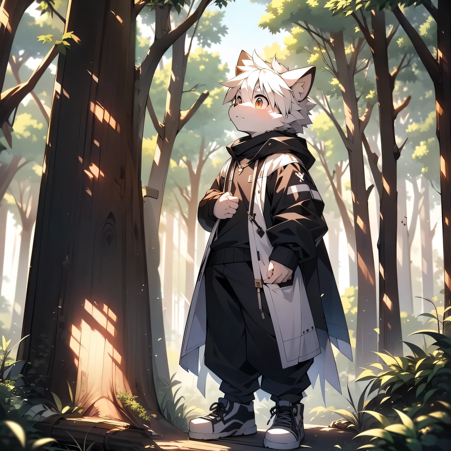 Kirito,Libido boy，furry wolf，((Shota)), Black and white hair, Very good figure, Handsome，adolable, Light：Hazy light and shadow, Reflective skin,Reddish skin，((worn-out clothing，Commoner)) ，((forest，solo，solo person))，Outdoor sunset，((the detail))，（depth of fields），standing on your feet，Wearing black sneakers（On the basis of the original image，Modify the stump of the tree on the left，Merge into one stump）