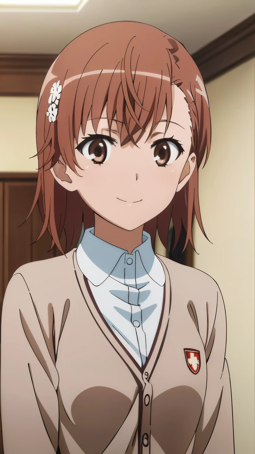 (highest quality, 8k, High resolution, masterpiece:1.2), Anime art style, colorful, Hyper Detail, misaka mikoto, Short Hair, 1 girl, Perfect Face, eye_Light_big, Small medium breasts, Soft look, alone, (shirt, collared shirt, white shirt, necklace, sweater,cardigan,smile, indoor), Dynamic Angle, Watching the audience,