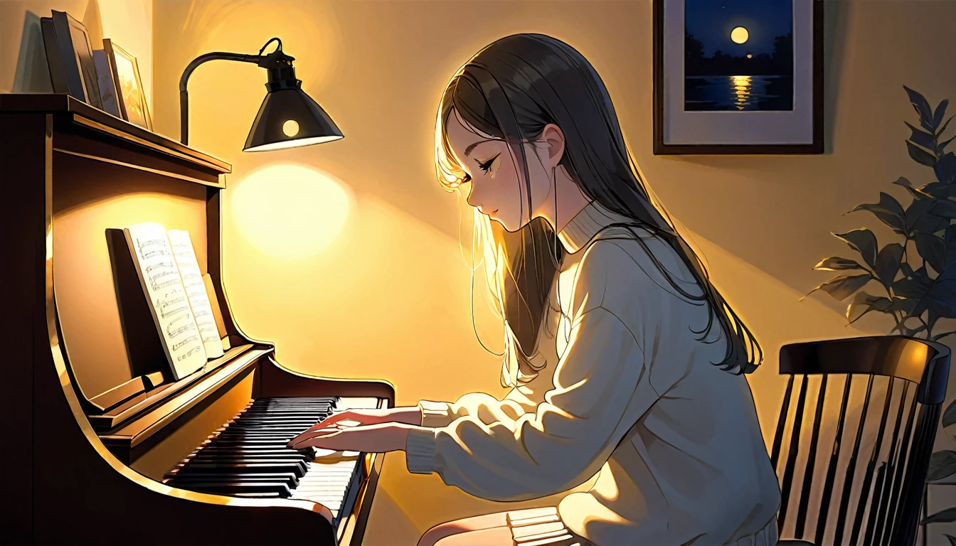A dusk,
A girl sits in a cozy corner, draw a piano.
The soft yellow light of a desk lamp illuminates her thoughtful expression, revealing deep concentration and a calm posture.
Her gentle gaze is comforting.
It adds to the quiet evening atmosphere, creating a peaceful and tranquil look,with cat.