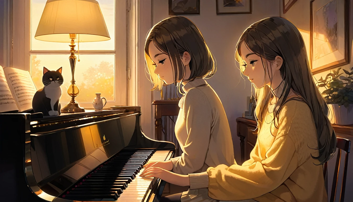 A dusk,
A girl sits in a cozy corner, draw a piano.
The soft yellow light of a desk lamp illuminates her thoughtful expression, revealing deep concentration and a calm posture.
Her gentle gaze is comforting.
It adds to the quiet evening atmosphere, creating a peaceful and tranquil look,with cat.