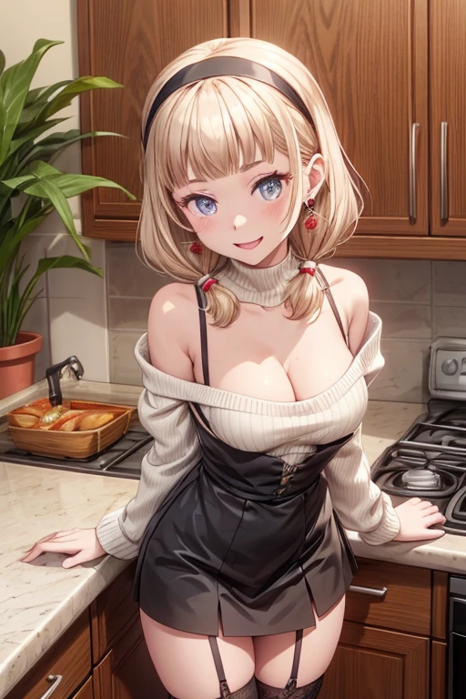 Adult Woman, masterpiece, 1girl, Amazing Cleavage:1.3, thin waist, big ass, Raised sexy, small breast:1.0,posed cleavage:1.2,solo, open mouth, have a cup of coffee,black hair, red eyes, dress, bare shoulders, jewelry, collarbone, sidelocks, hairband, earrings, indoors, off shoulder, arms behind back, plant, short hair with long locks, black hairband, sweater dress, off-shoulder sweater, red sweater, big side hair, very long side hair,is rendered in (masterpiece: 1.2, best quality), with (ultra high resolution) and an exquisite (depth of field). This masterpiece is not only visually stunning but also tells, make of cooking some cakes ,in the kitchen,Long dark blonde wavy hair、her thin pubic hair, Puffy nipple、(short flared skirt)、garter stocking、Earring、Medium milk, cute smile face、(Pose to lean forward and emphasize the chest)、sexy hips、high-heels、atlibrary、((Close your arms to your chest and look up)),(with sparkling eyes and a contagious smile), looking at viewer,